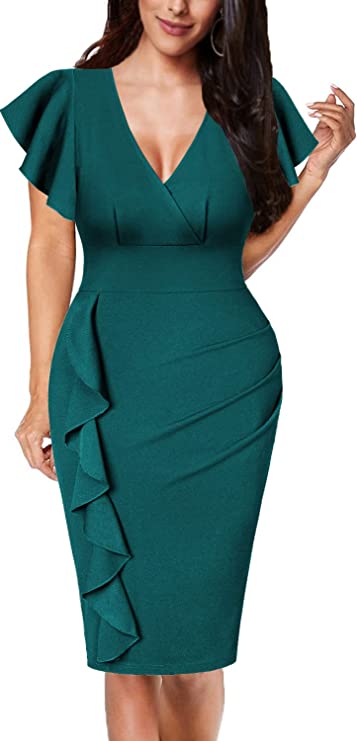 Vestido decote em v com mangas e babados