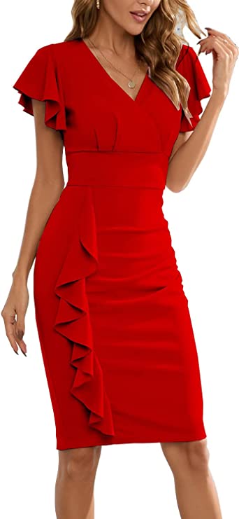 Vestido decote em v com mangas e babados