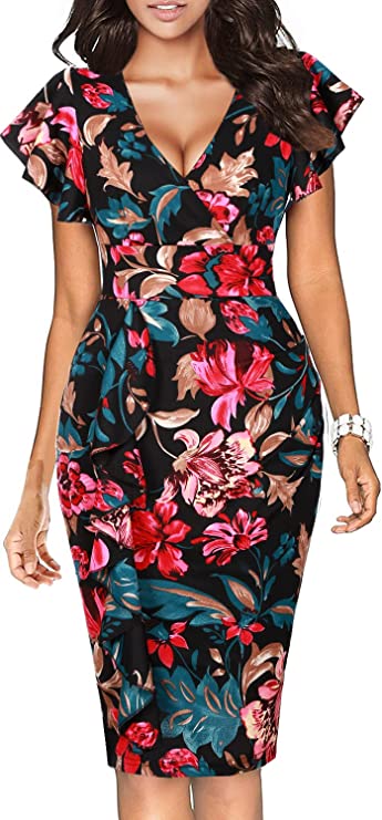 Vestido decote em v com mangas e babados