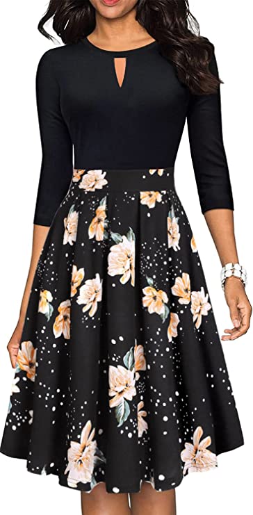 Vestido de festa casual feminino vintage floral patchwork swing com bolsos