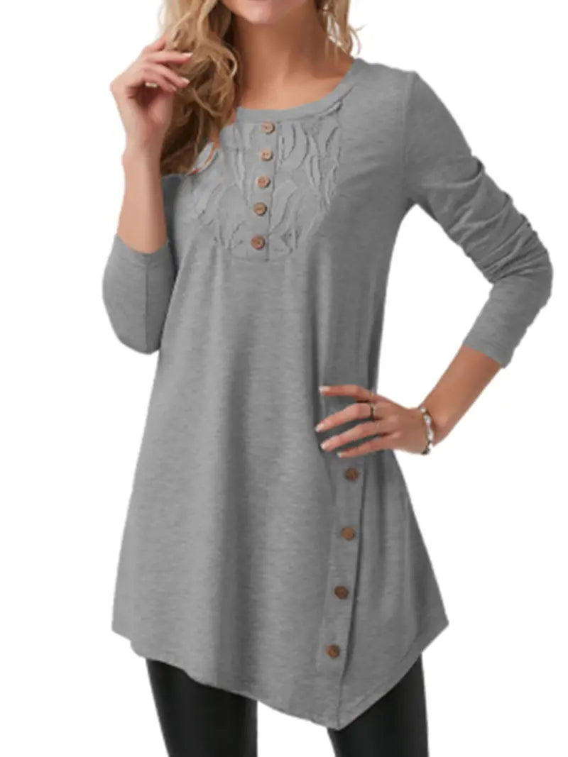 Camiseta casual com bainha assimétrica, gola redonda lisa com botões soltos manga longa blusas fashion