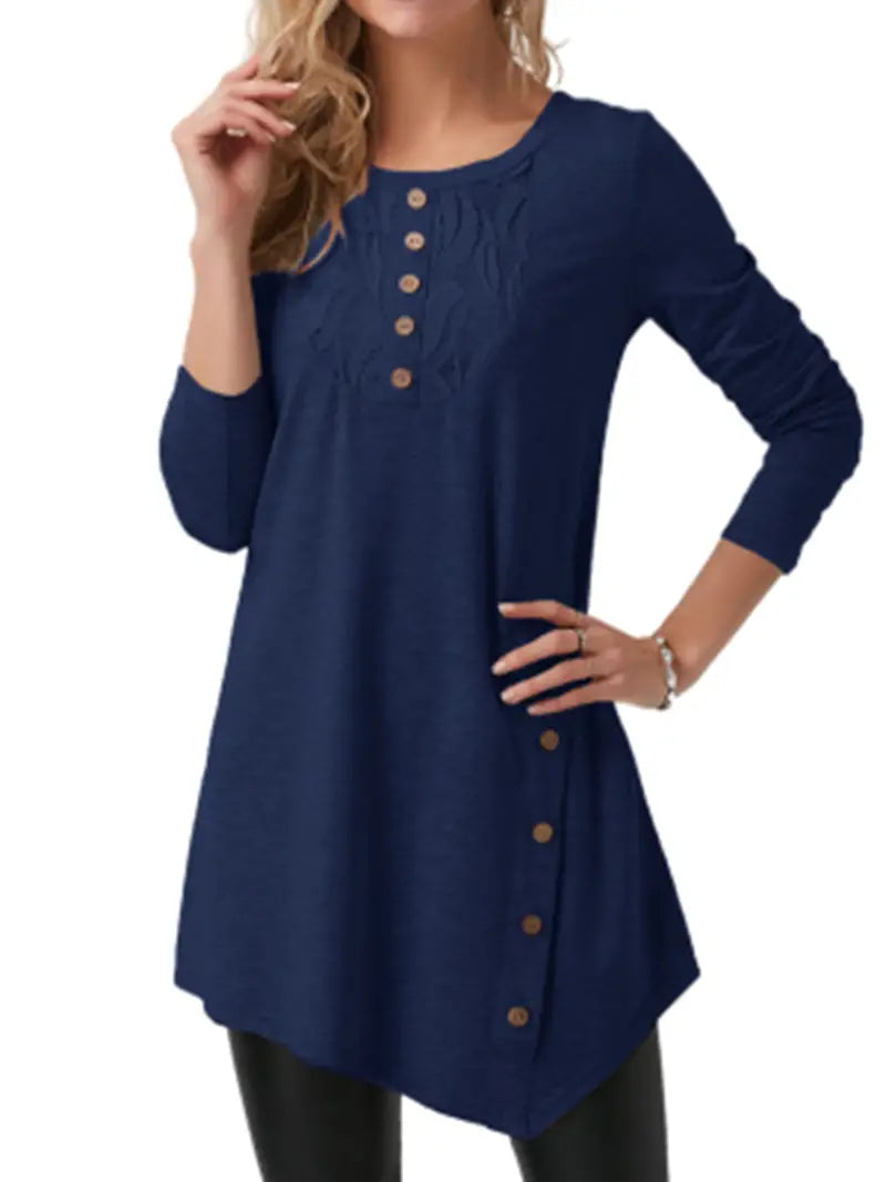 Camiseta casual com bainha assimétrica, gola redonda lisa com botões soltos manga longa blusas fashion