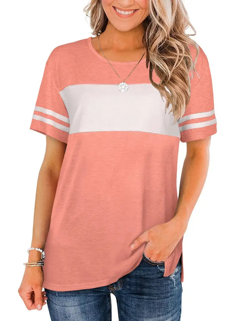 Camisetas de verão com decote redondo, listras coloridas soltas manga curta