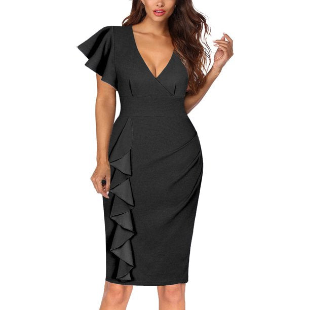Vestido Coquetel Feminino Sexy Decote em V Profundo Babado Manga Curta