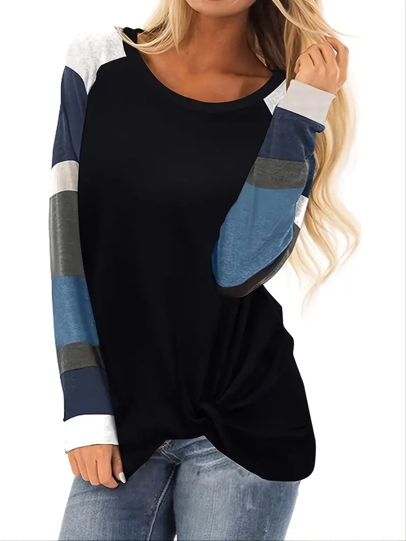 Camiseta solta Color Block, camiseta casual de manga comprida com gola redonda