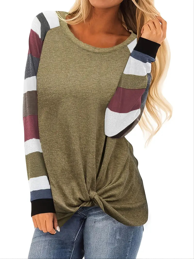 Camiseta solta Color Block, camiseta casual de manga comprida com gola redonda