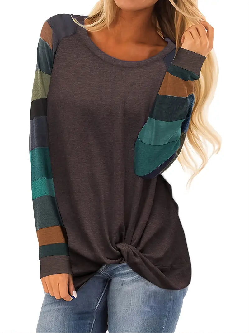 Camiseta solta Color Block, camiseta casual de manga comprida com gola redonda