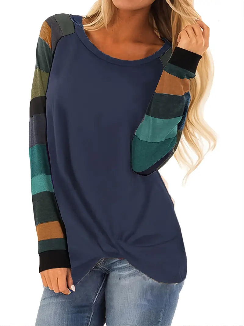 Camiseta solta Color Block, camiseta casual de manga comprida com gola redonda
