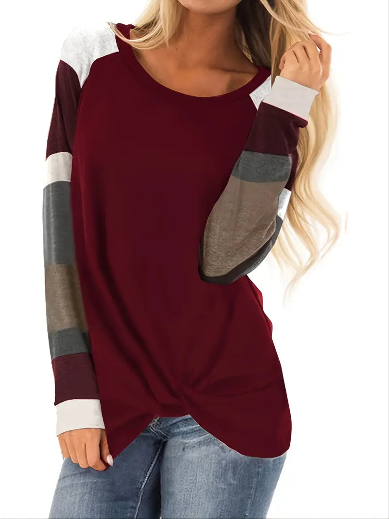 Camiseta solta Color Block, camiseta casual de manga comprida com gola redonda