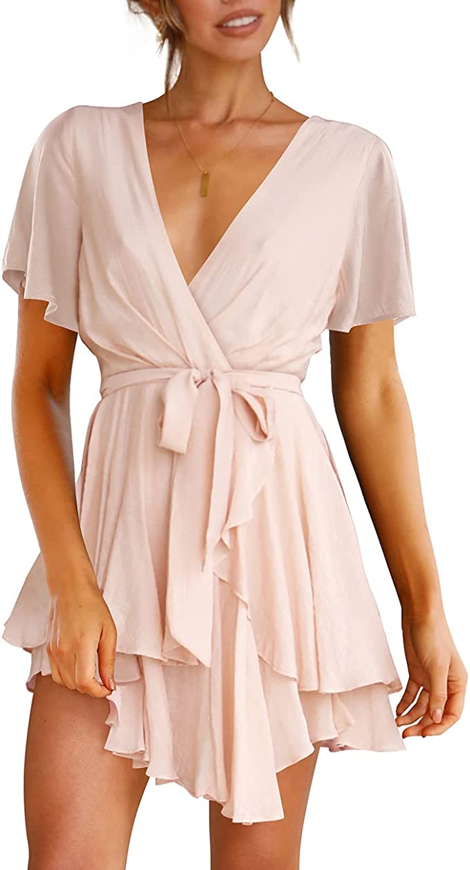 Vestido feminino com decote em V profundo, manga longa, amarração na cintura, babados
