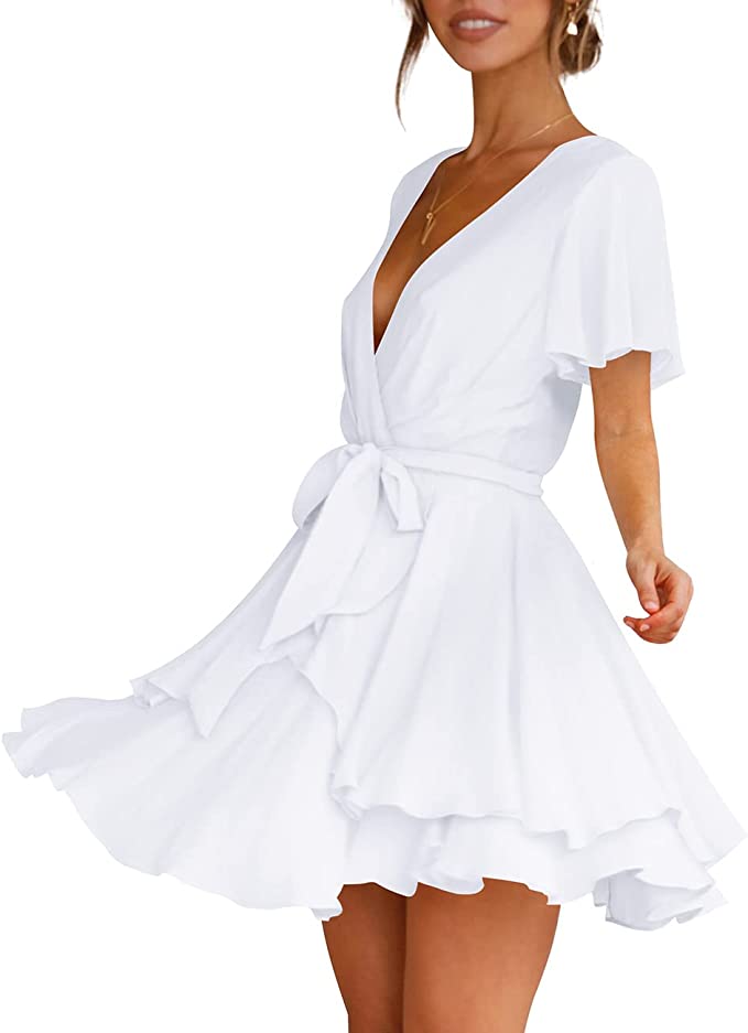 Vestido feminino com decote em V profundo, manga longa, amarração na cintura, babados