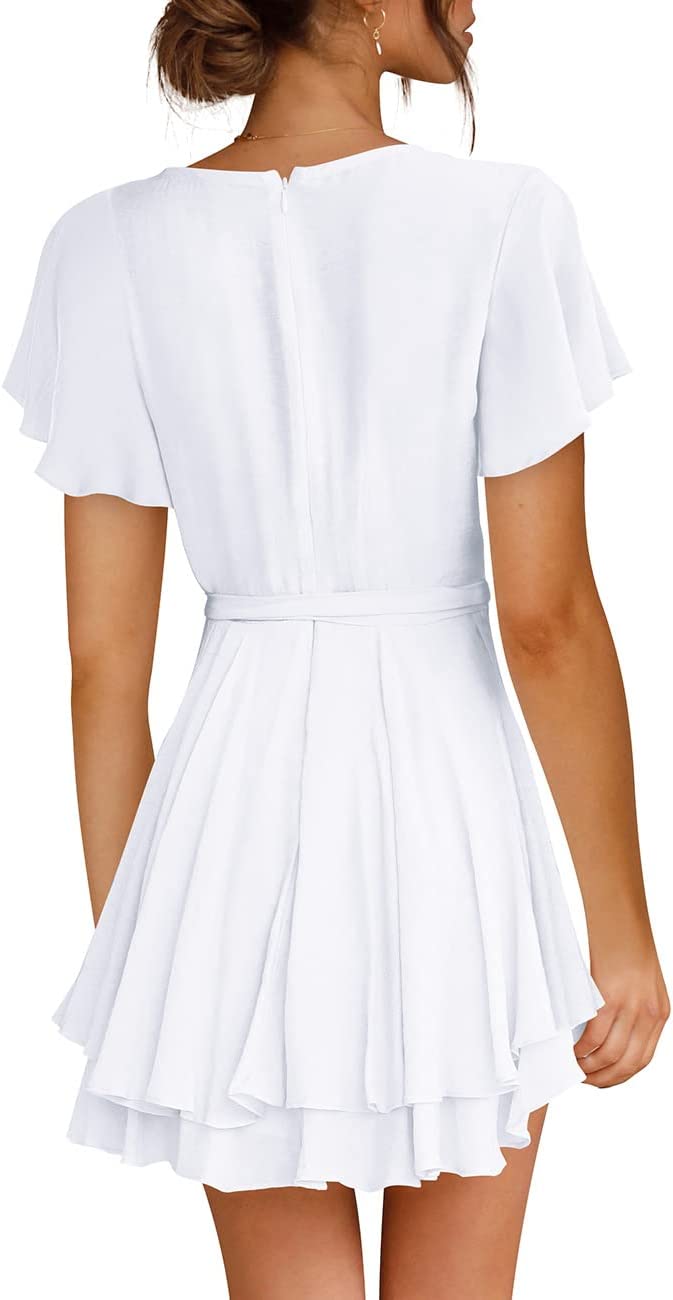 Vestido feminino com decote em V profundo, manga longa, amarração na cintura, babados