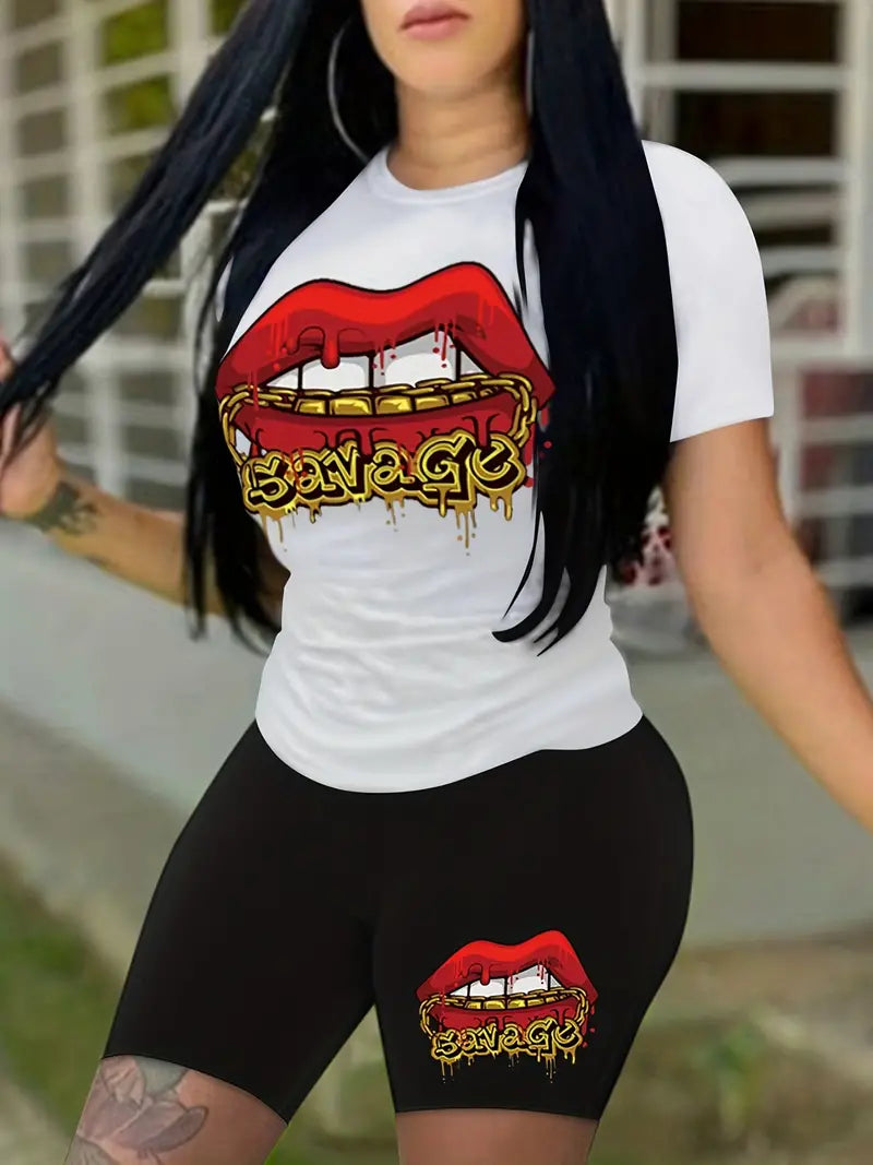 Conjunto feminino bonito e confortável de duas peças com estampa de lábios