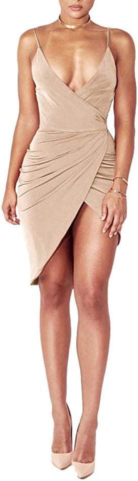 Vestido sexy com decote em V profundo sem mangas alças finas e colado no corpo com fenda frontal
