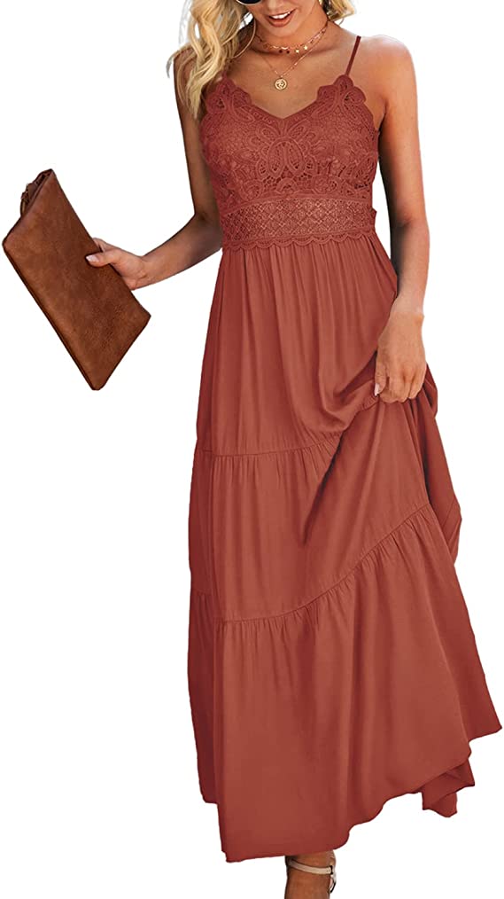 Vestido maxi de verão alças finas feminino de renda de crochê cor sólida longo