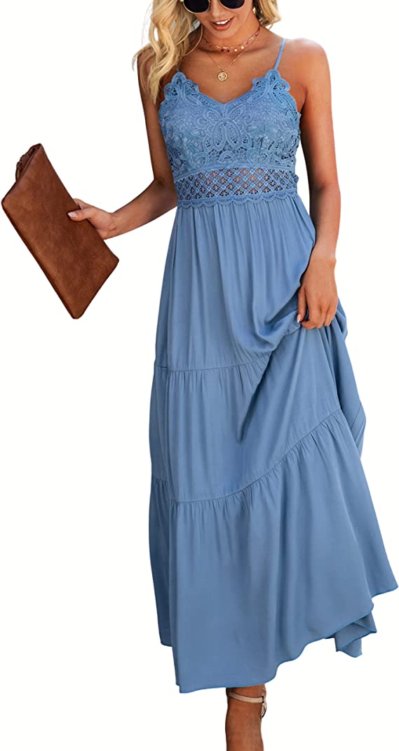 Vestido maxi de verão alças finas feminino de renda de crochê cor sólida longo