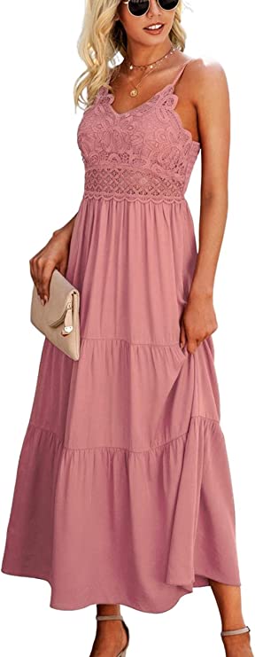 Vestido maxi de verão alças finas feminino de renda de crochê cor sólida longo