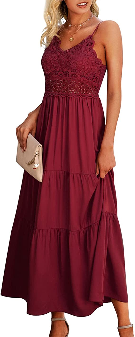 Vestido maxi de verão alças finas feminino de renda de crochê cor sólida longo