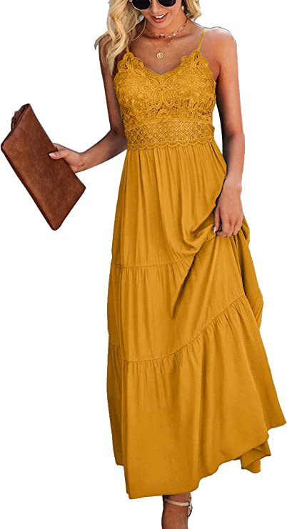 Vestido maxi de verão alças finas feminino de renda de crochê cor sólida longo