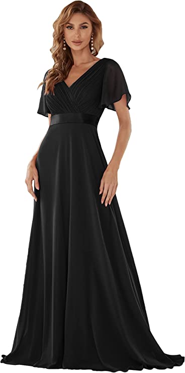 Vestido longo de noite feminino manga curta decote em V