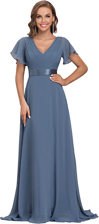 Vestido longo de noite feminino manga curta decote em V