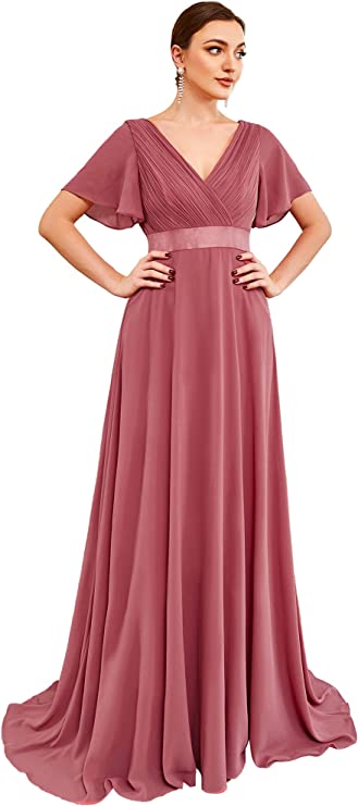 Vestido longo de noite feminino manga curta decote em V