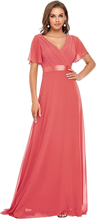Vestido longo de noite feminino manga curta decote em V
