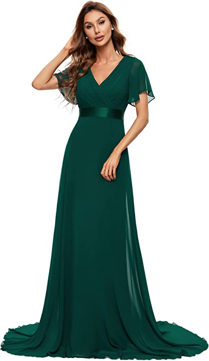Vestido longo de noite feminino manga curta decote em V