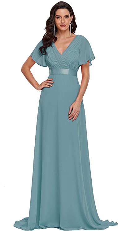 Vestido longo de noite feminino manga curta decote em V