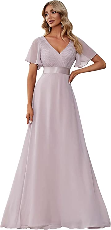 Vestido longo de noite feminino manga curta decote em V