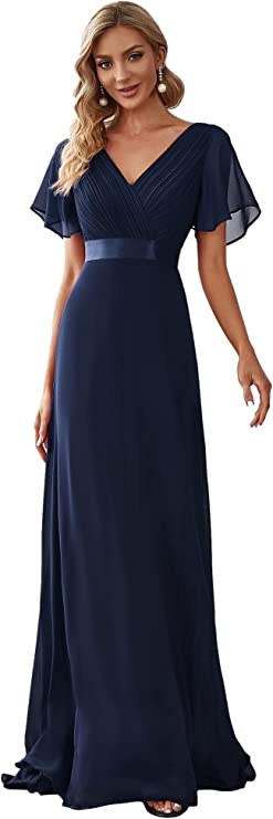 Vestido longo de noite feminino manga curta decote em V
