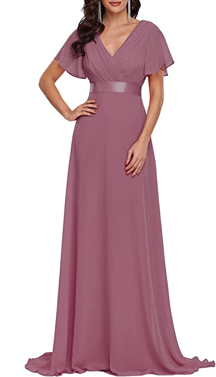 Vestido longo de noite feminino manga curta decote em V