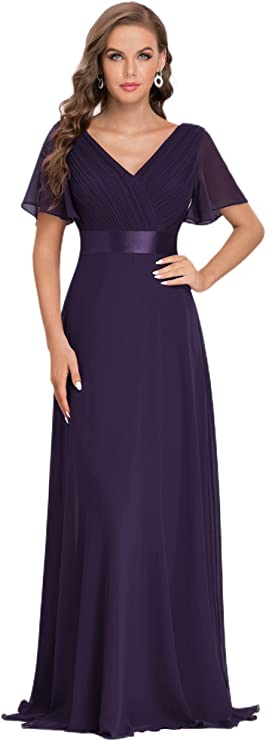 Vestido longo de noite feminino manga curta decote em V