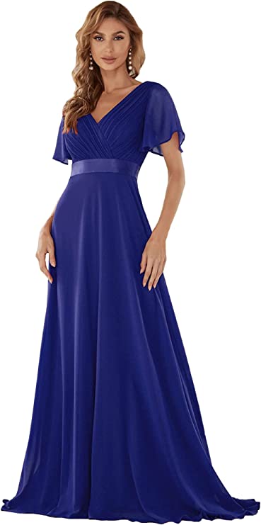 Vestido longo de noite feminino manga curta decote em V