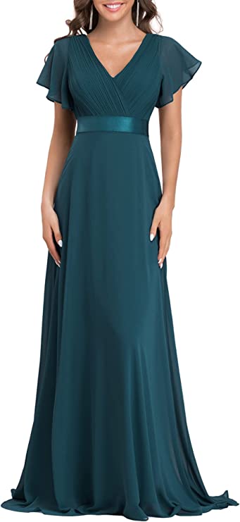 Vestido longo de noite feminino manga curta decote em V