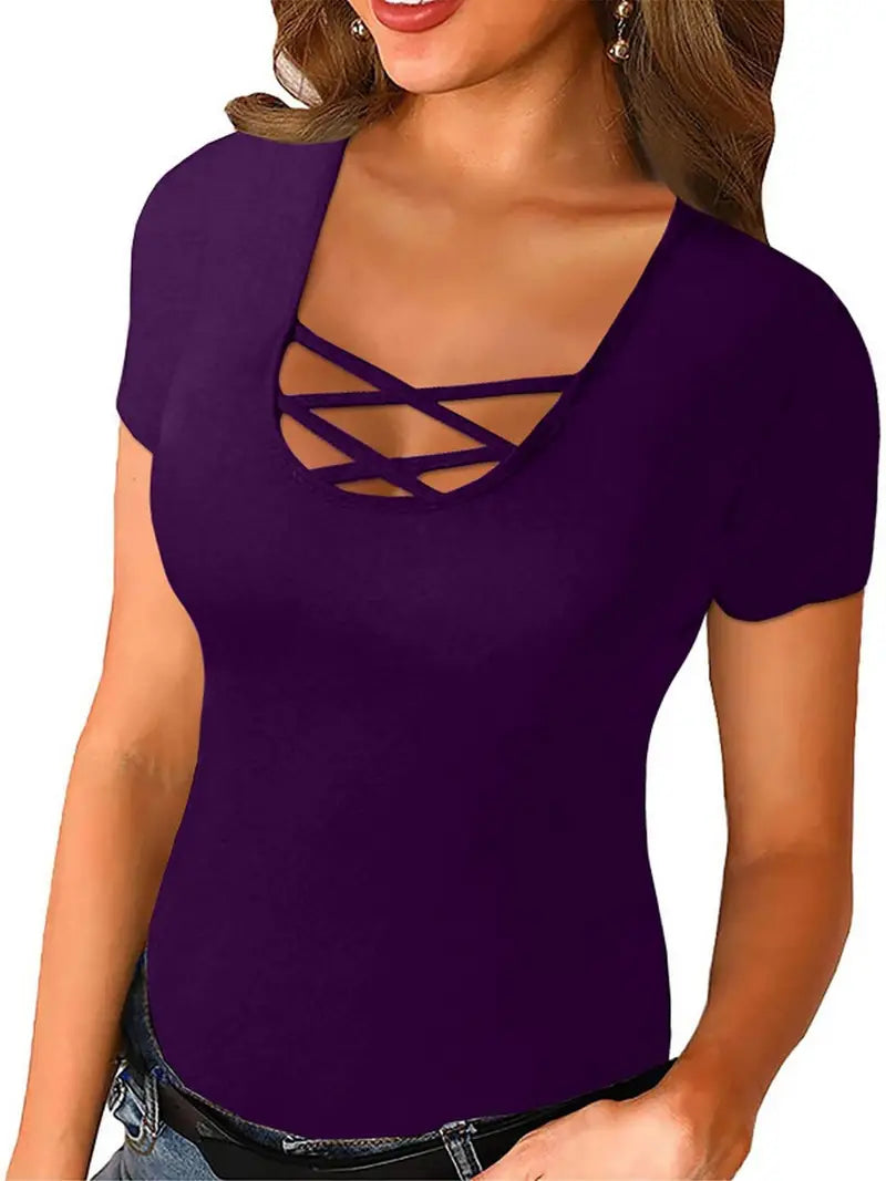 Camiseta feminina moderna de cor sólida, decote em V