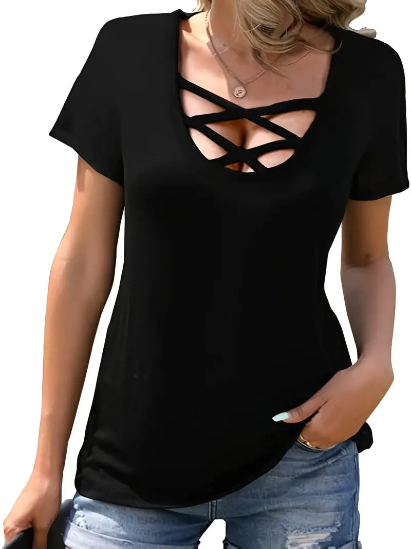 Camiseta feminina moderna de cor sólida, decote em V