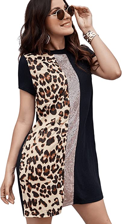 Vestido túnica feminina manga curta colorida com estampa de leopardo