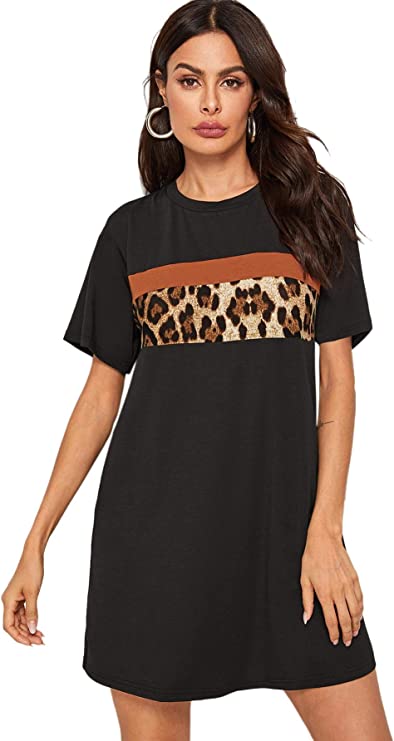 Vestido túnica feminina manga curta colorida com estampa de leopardo