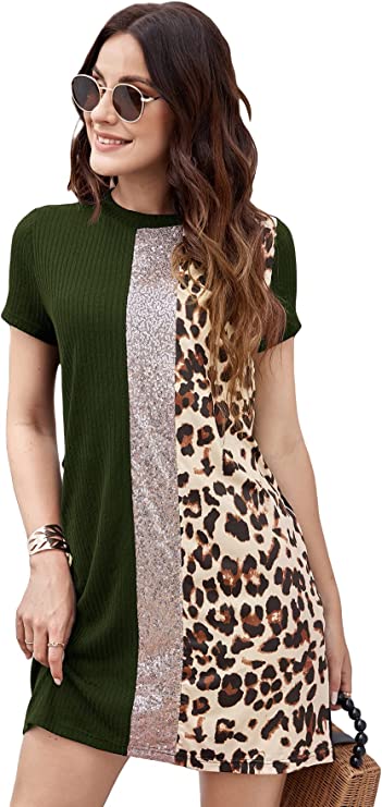 Vestido túnica feminina manga curta colorida com estampa de leopardo
