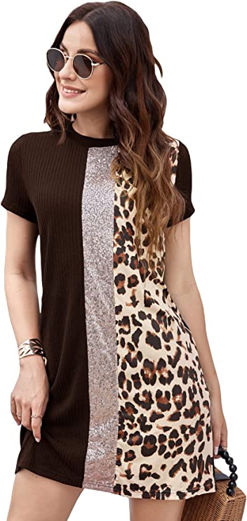 Vestido túnica feminina manga curta colorida com estampa de leopardo