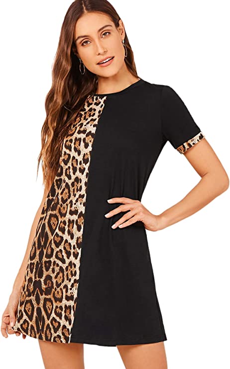 Vestido túnica feminina manga curta colorida com estampa de leopardo