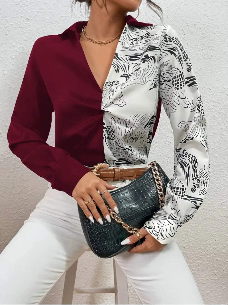 Camisa manga longa com decote em V com estampa gráfica