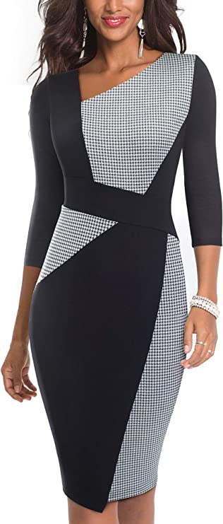 Vestido feminino vintage com retalhos de cor contrastante lápis de escritório para trabalho