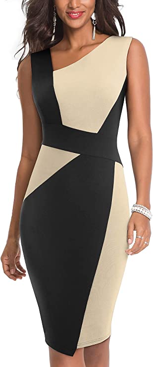 Vestido feminino vintage com retalhos de cor contrastante lápis de escritório para trabalho