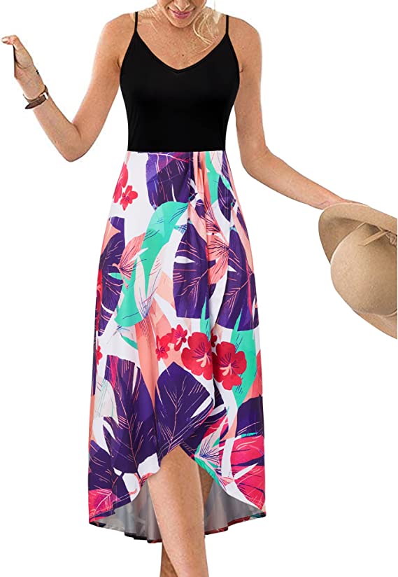 Vestidos de verão casuais com decote em V sem mangas florais patchwork assimétricos