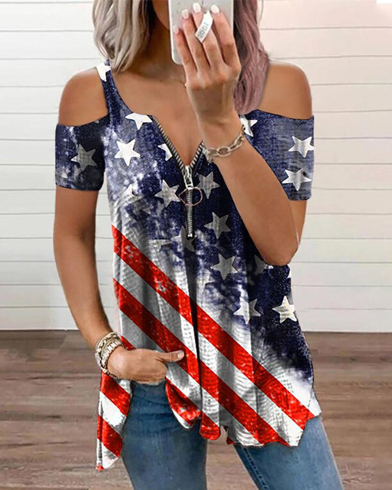 Camiseta com ombro frio e zíper decorativo