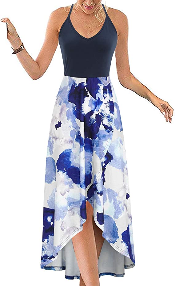 Vestidos de verão casuais com decote em V sem mangas florais patchwork assimétricos