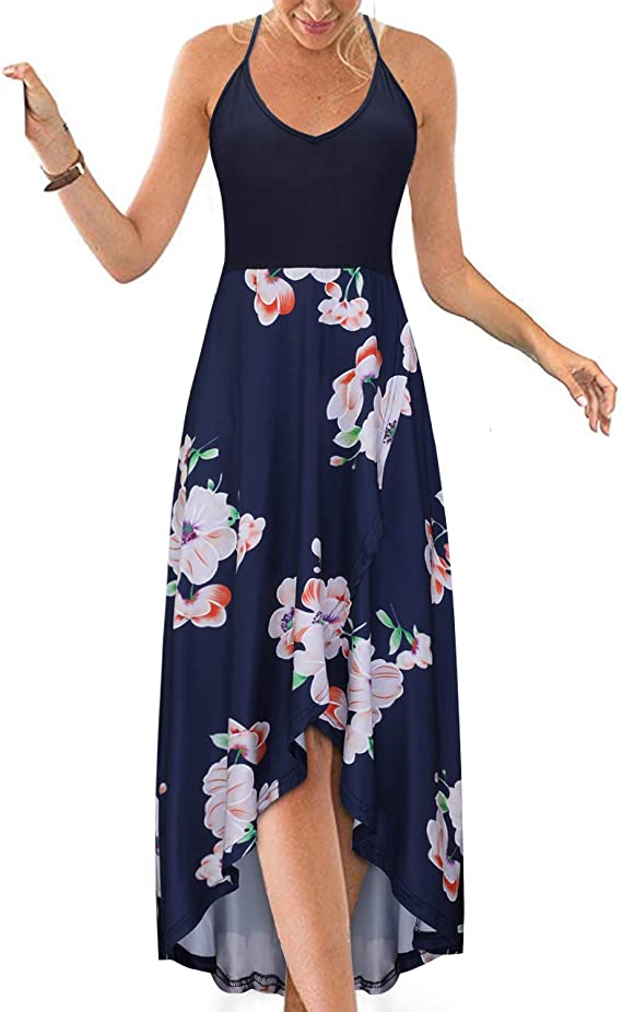 Vestidos de verão casuais com decote em V sem mangas florais patchwork assimétricos