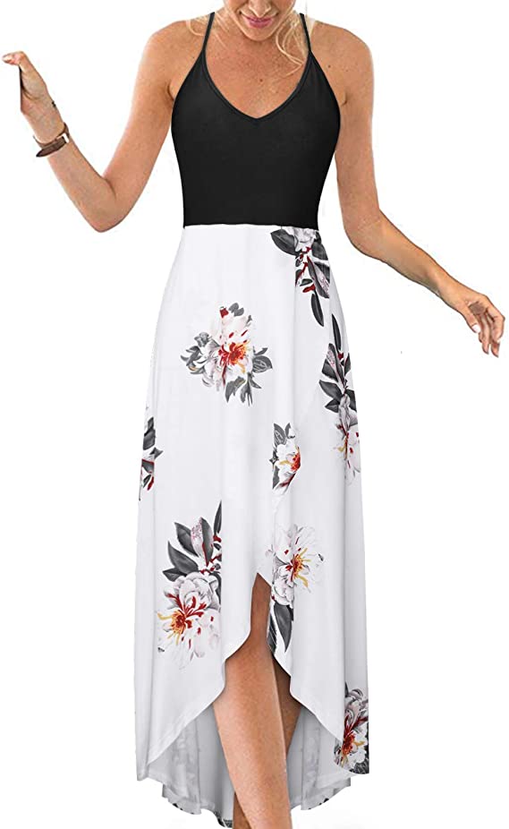 Vestidos de verão casuais com decote em V sem mangas florais patchwork assimétricos